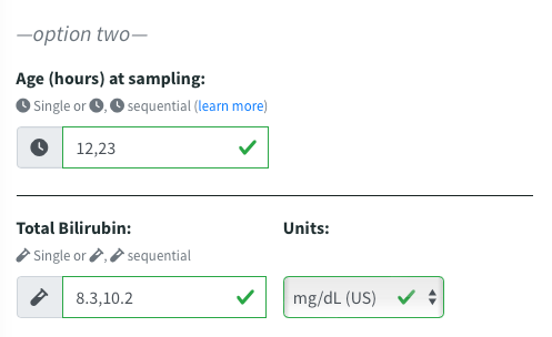 A portion of the BiliTool entry page showing the option of entering single or sequential data for newborn hours of age and bilirubin values.